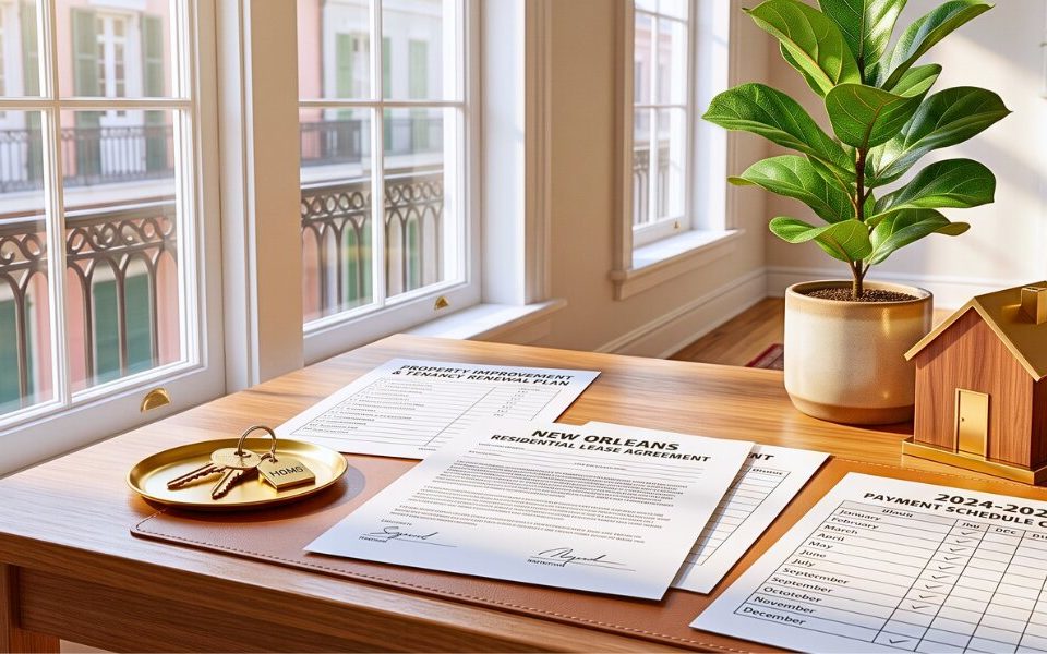 Sunlit rental property office desk displaying a residential lease agreement, property management documents, house model, keys, and payment checklist beside large windows in a bright, organized interior.