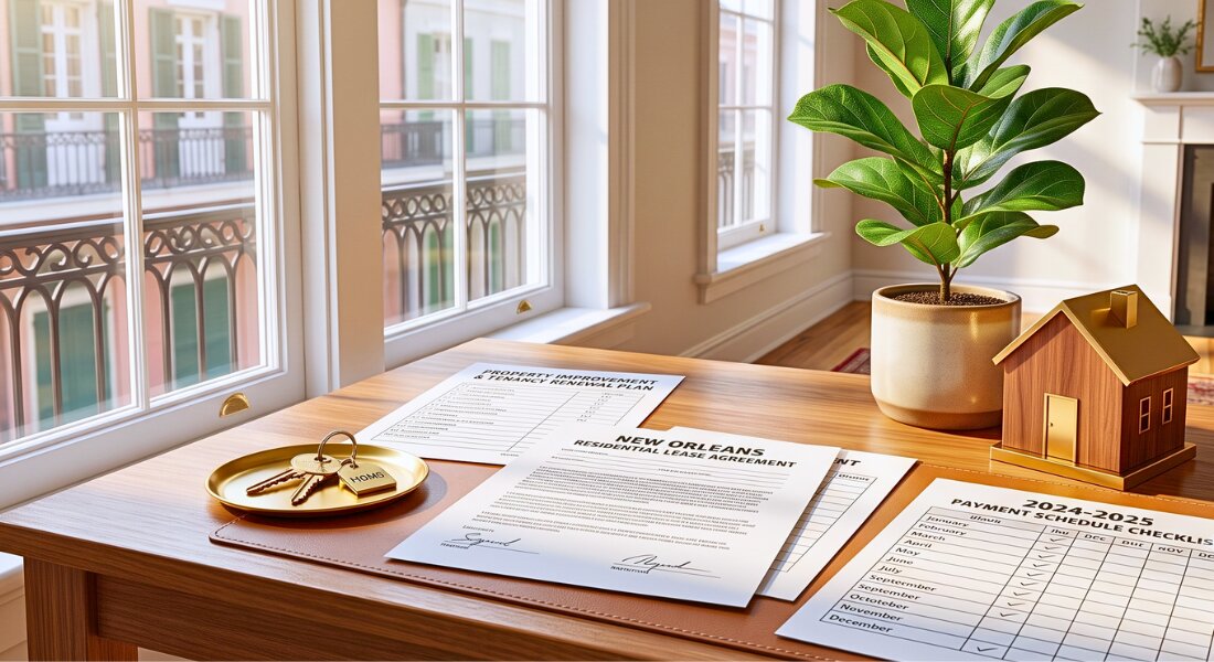 Sunlit rental property office desk displaying a residential lease agreement, property management documents, house model, keys, and payment checklist beside large windows in a bright, organized interior.
