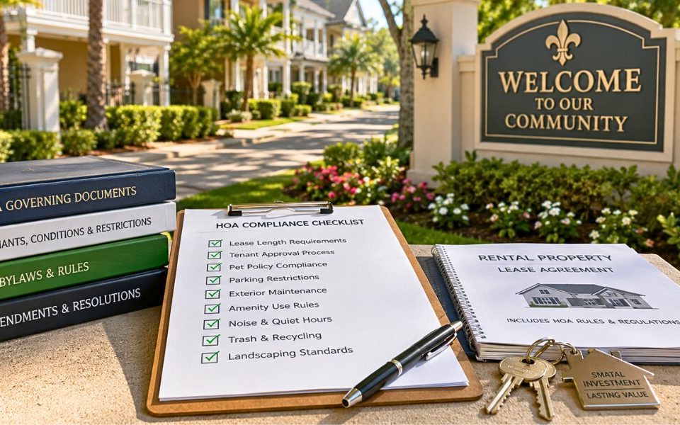 HOA compliance documents prepared beside a well maintained rental property entrance.