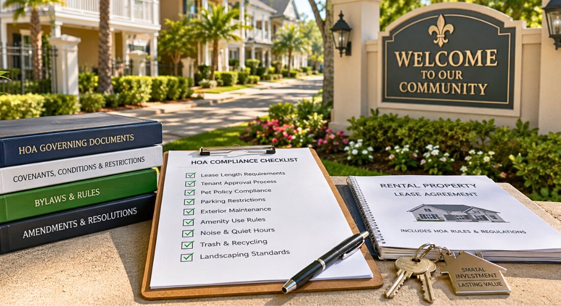 HOA compliance documents prepared beside a well maintained rental property entrance.