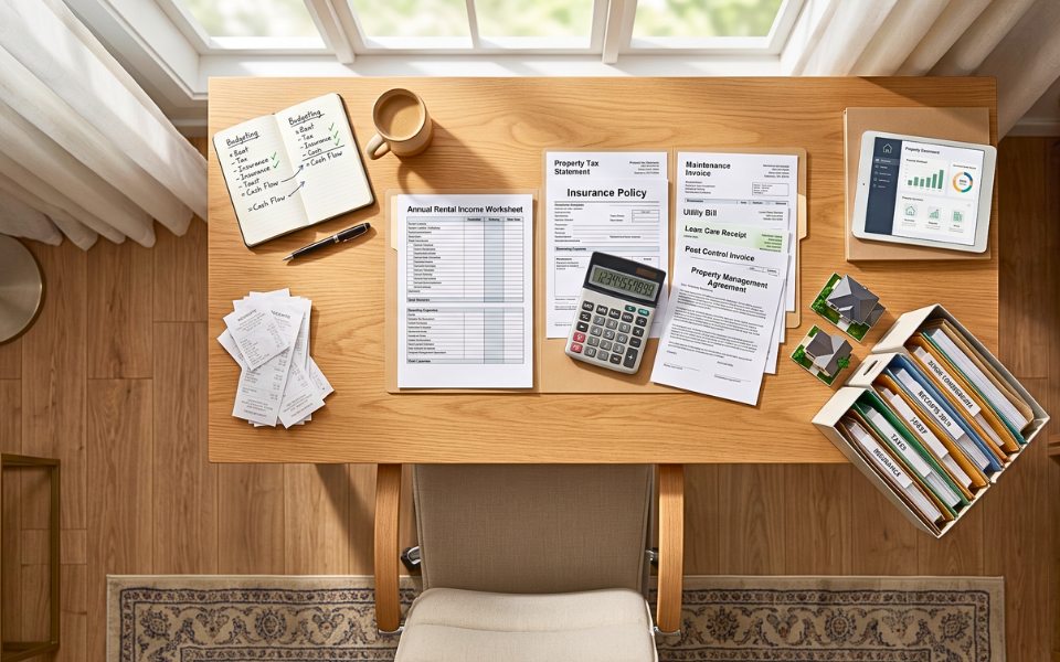 Rental property financial documents organized to calculate true investment cash flow.