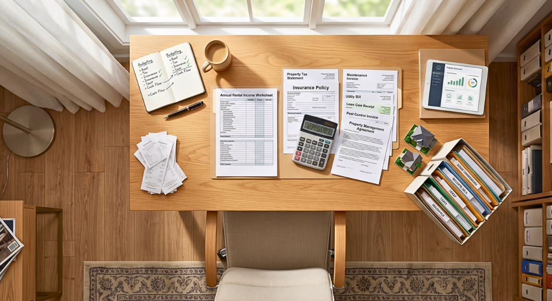 Rental property financial documents organized to calculate true investment cash flow.