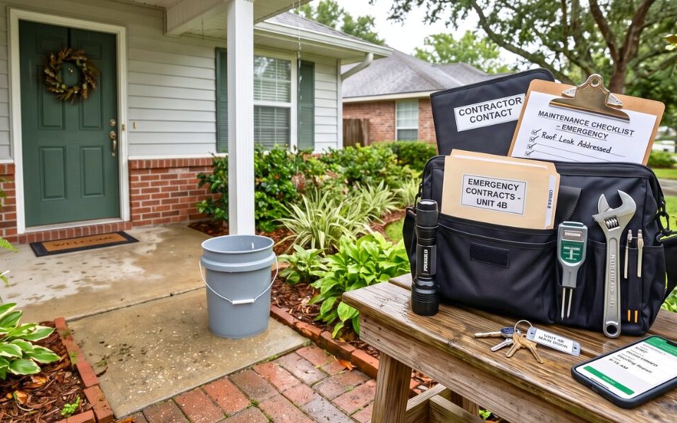 Emergency maintenance kit prepared outside a rental home after a minor storm.