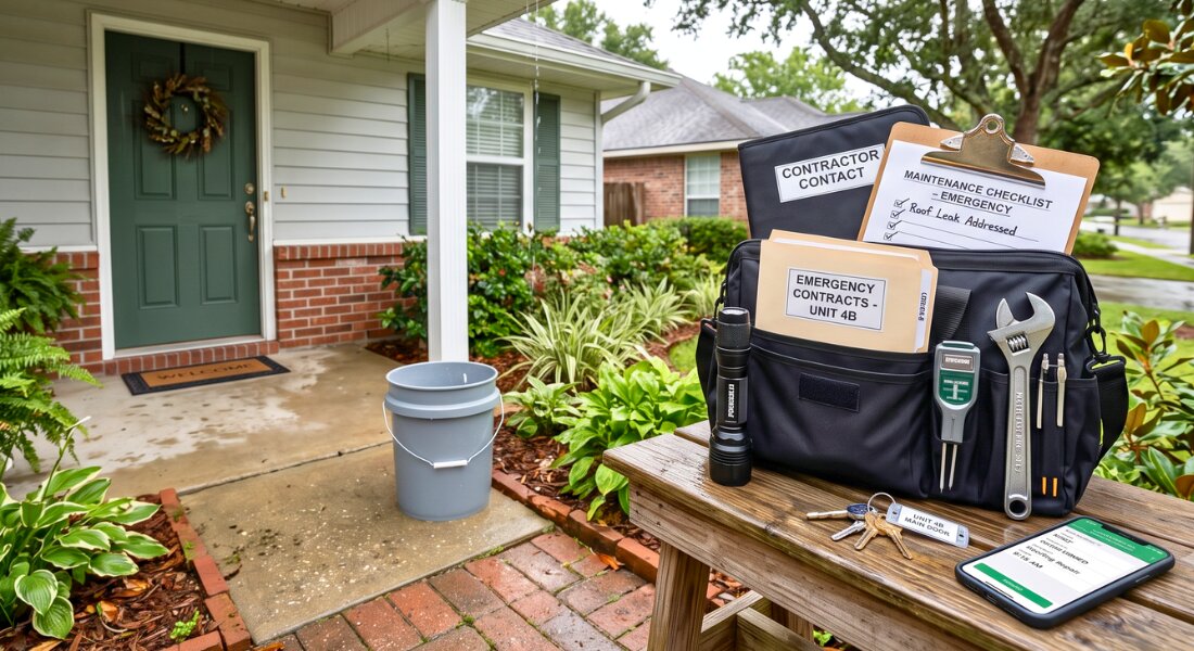 Emergency maintenance kit prepared outside a rental home after a minor storm.