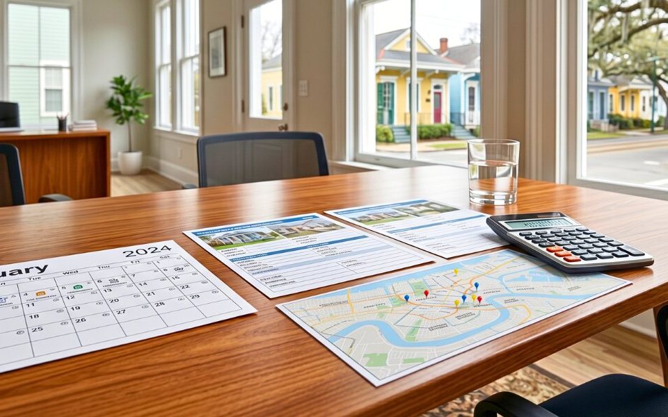 Rental market analysis documents and January calendar arranged on a desk in a New Orleans property management office.