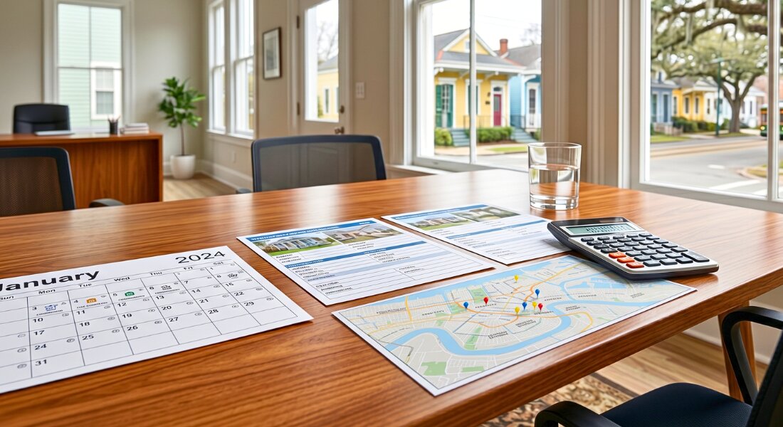Rental market analysis documents and January calendar arranged on a desk in a New Orleans property management office.