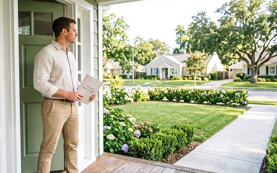 Property manager reviewing a tenant file outside a well maintained rental home.