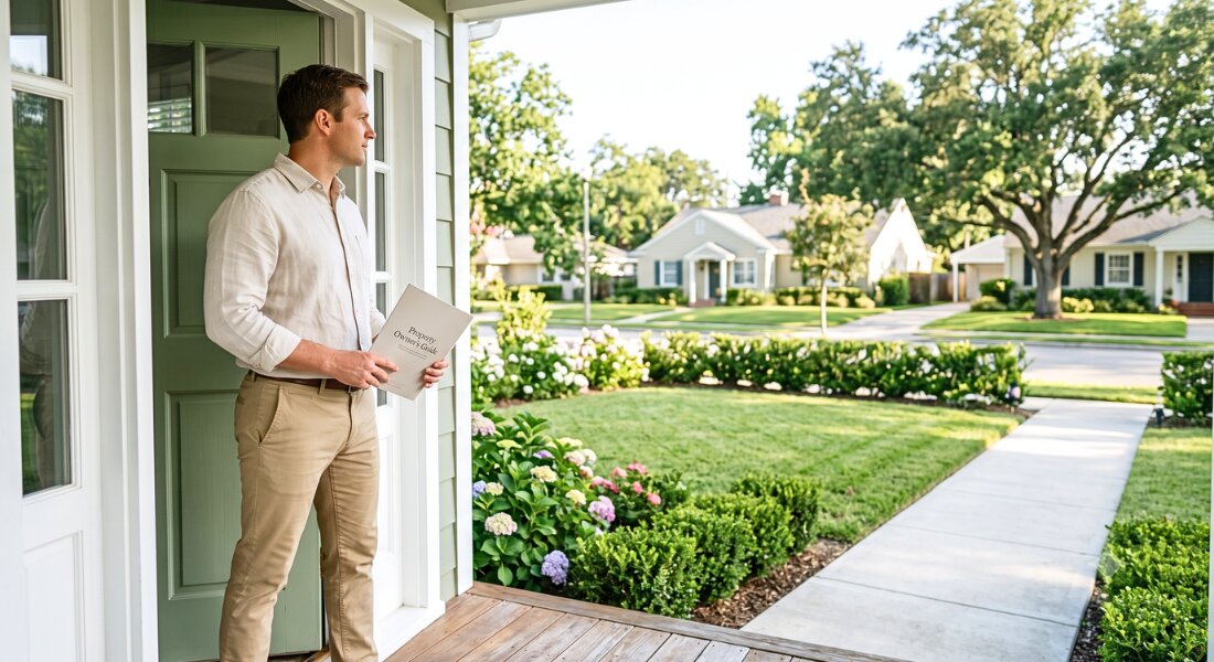 Property manager reviewing a tenant file outside a well maintained rental home.