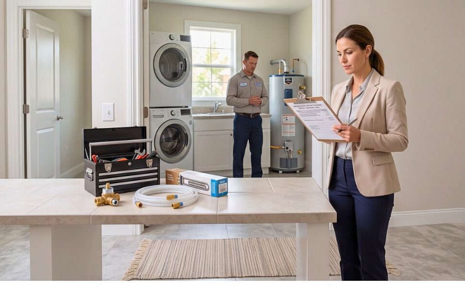 Property owner reviewing a repair budget beside organized maintenance tools in a rental home.