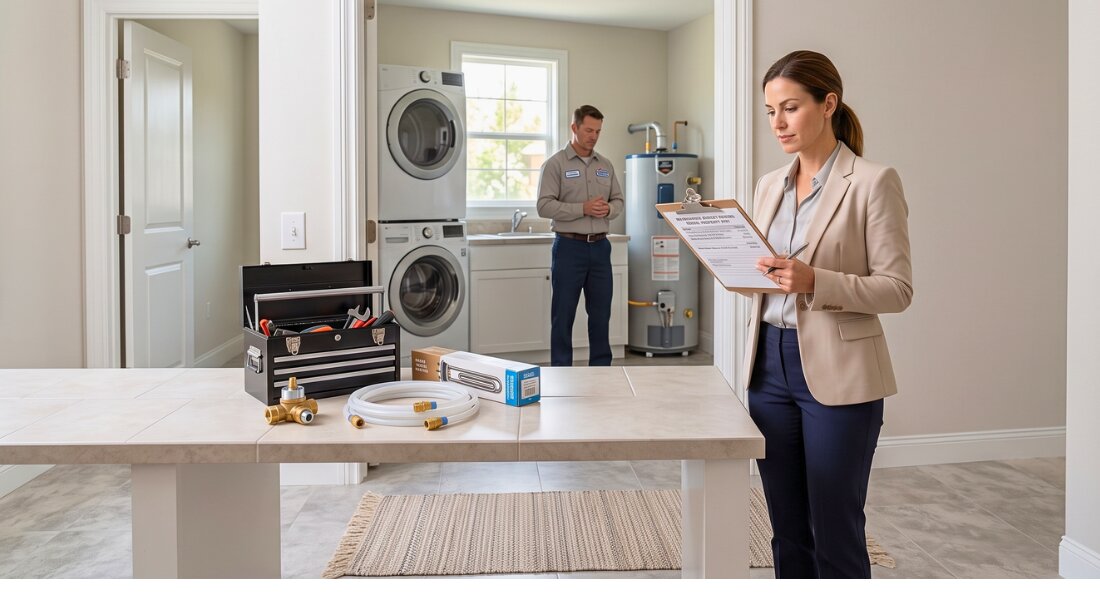 Property owner reviewing a repair budget beside organized maintenance tools in a rental home.