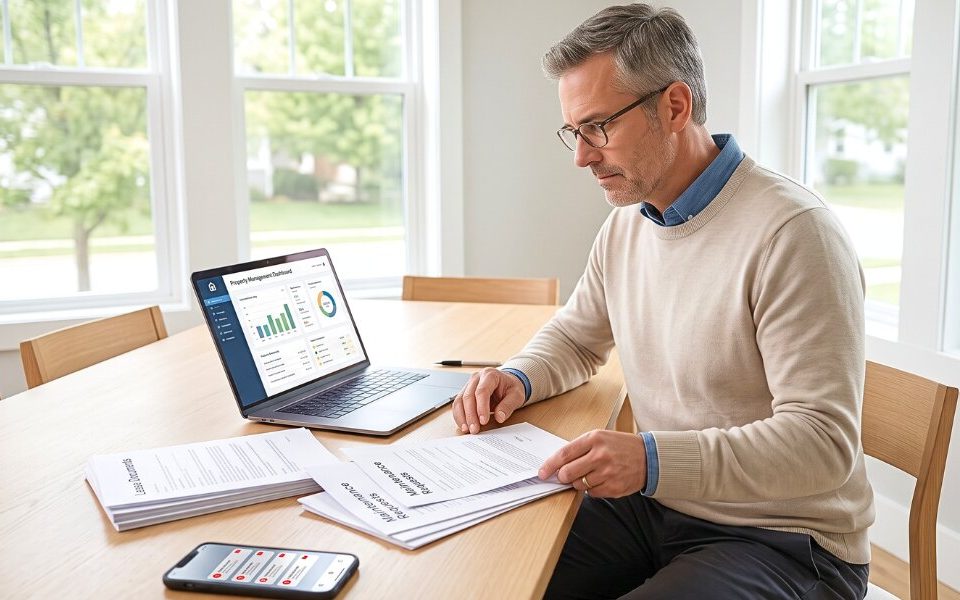 Property owner reviewing rental paperwork while managing multiple property responsibilities.