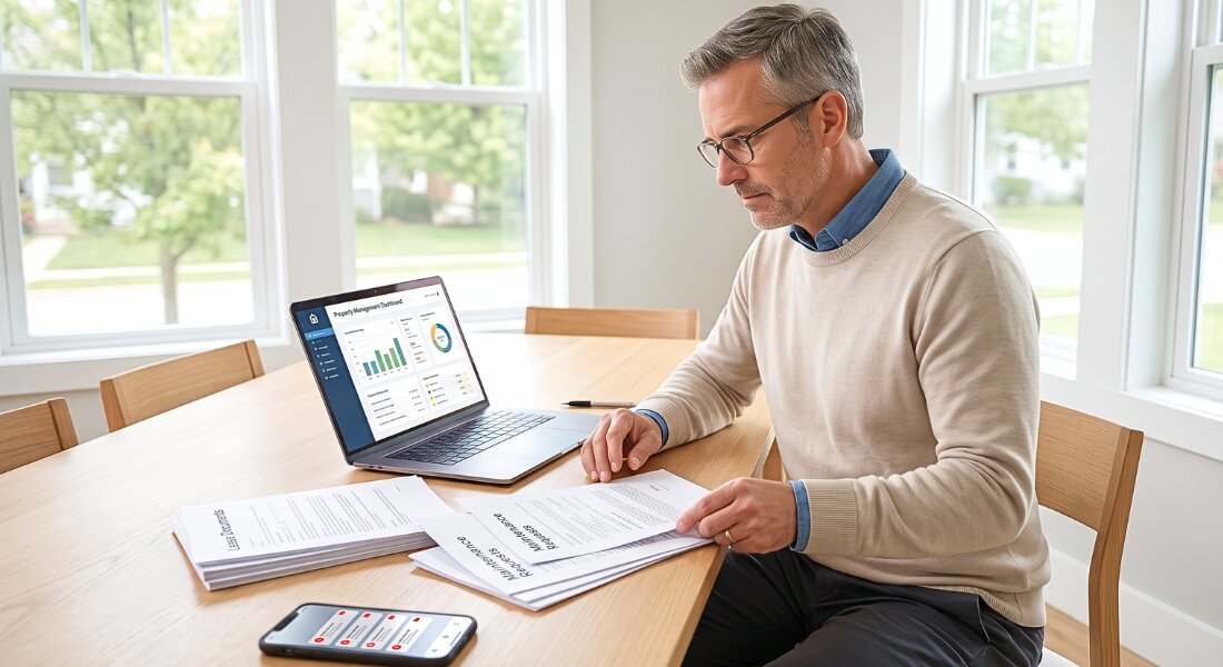 Property owner reviewing rental paperwork while managing multiple property responsibilities.