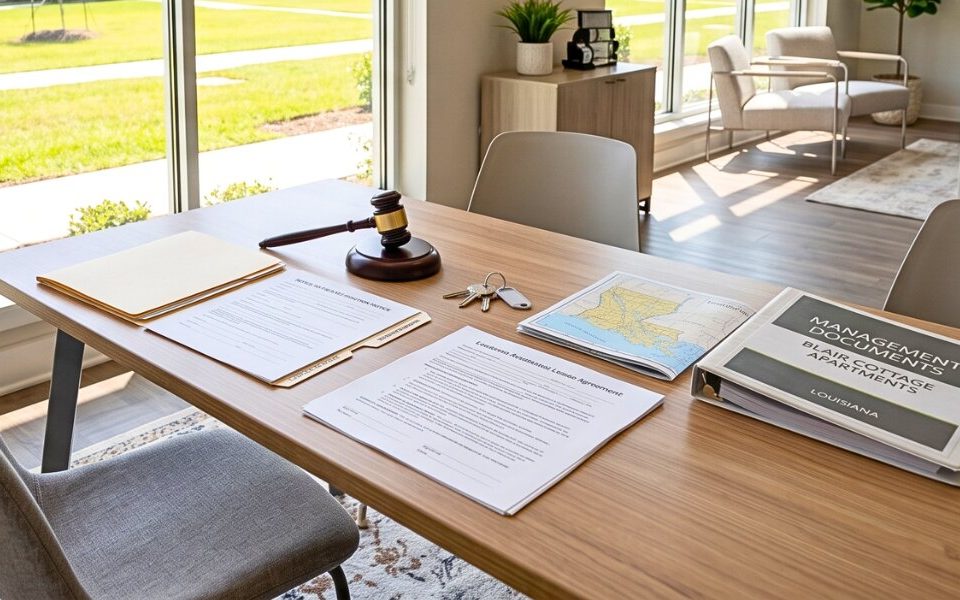 Louisiana eviction documents and rental property keys on an organized office desk.