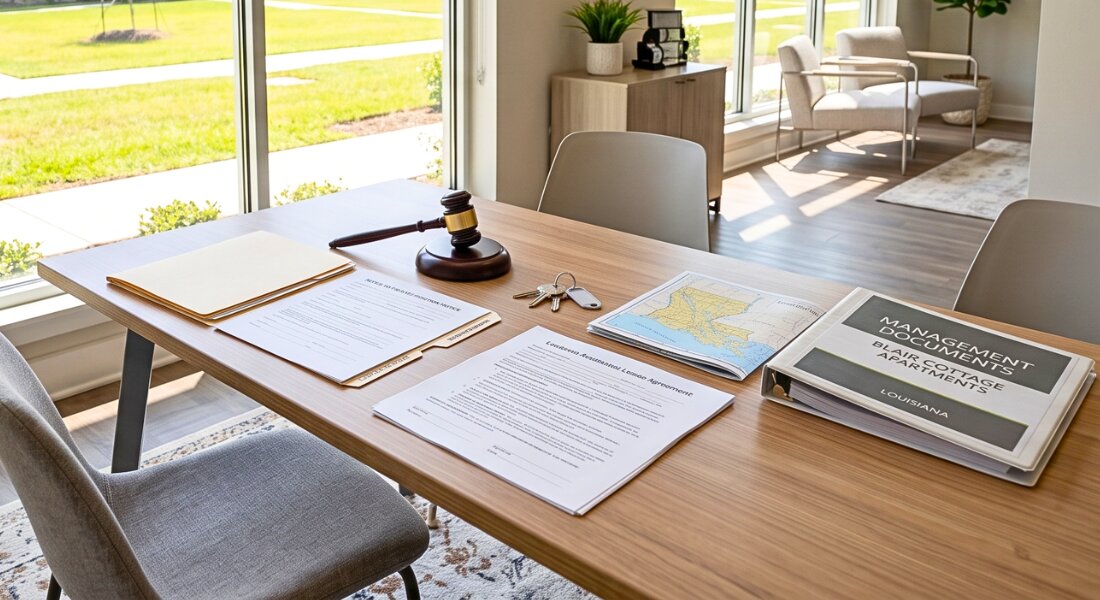 Louisiana eviction documents and rental property keys on an organized office desk.