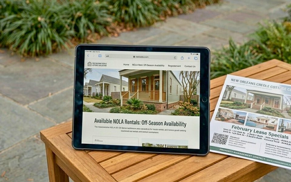 New Orleans rental home exterior in February daylight with marketing materials on a bench.