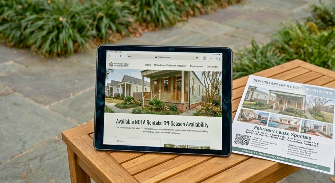 New Orleans rental home exterior in February daylight with marketing materials on a bench.