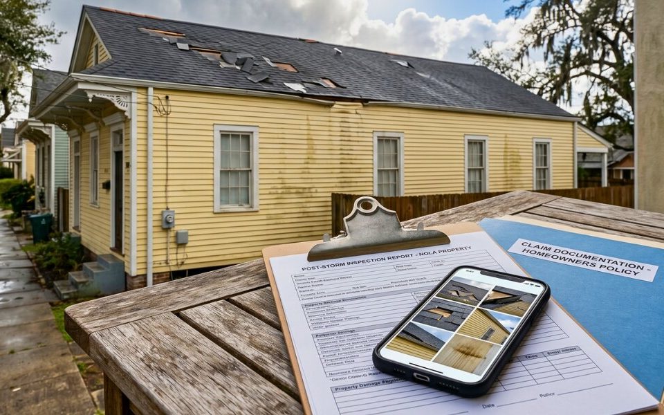 Storm-damaged home with inspection documents and insurance claim materials.