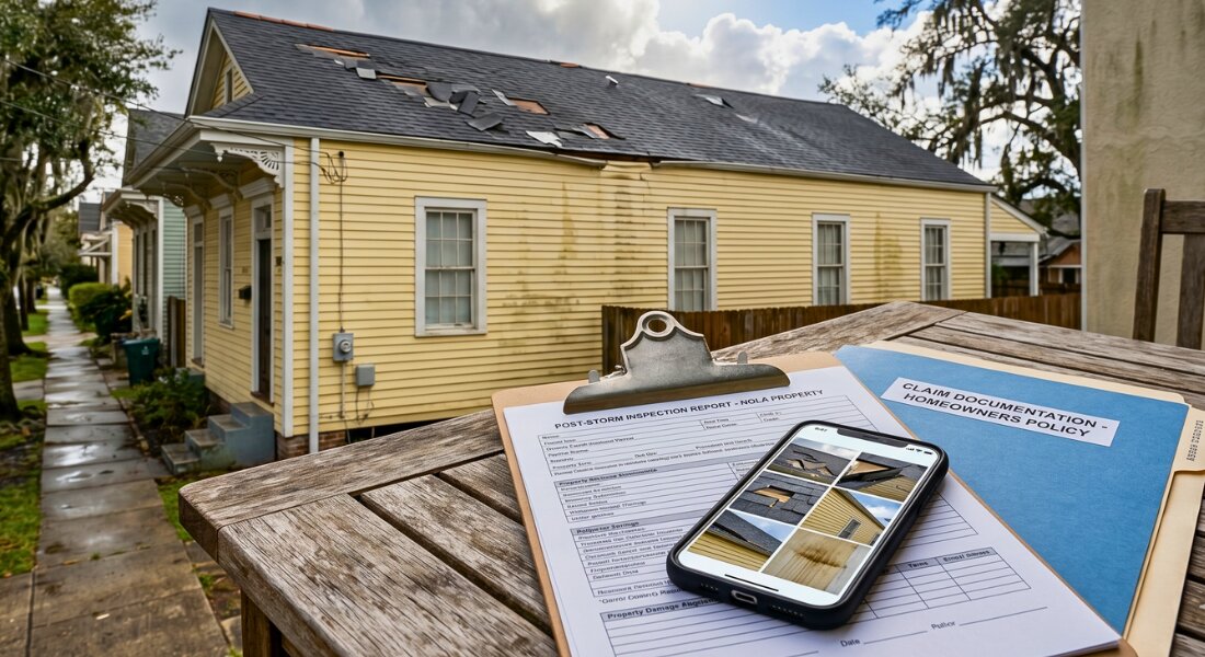 Storm-damaged home with inspection documents and insurance claim materials.