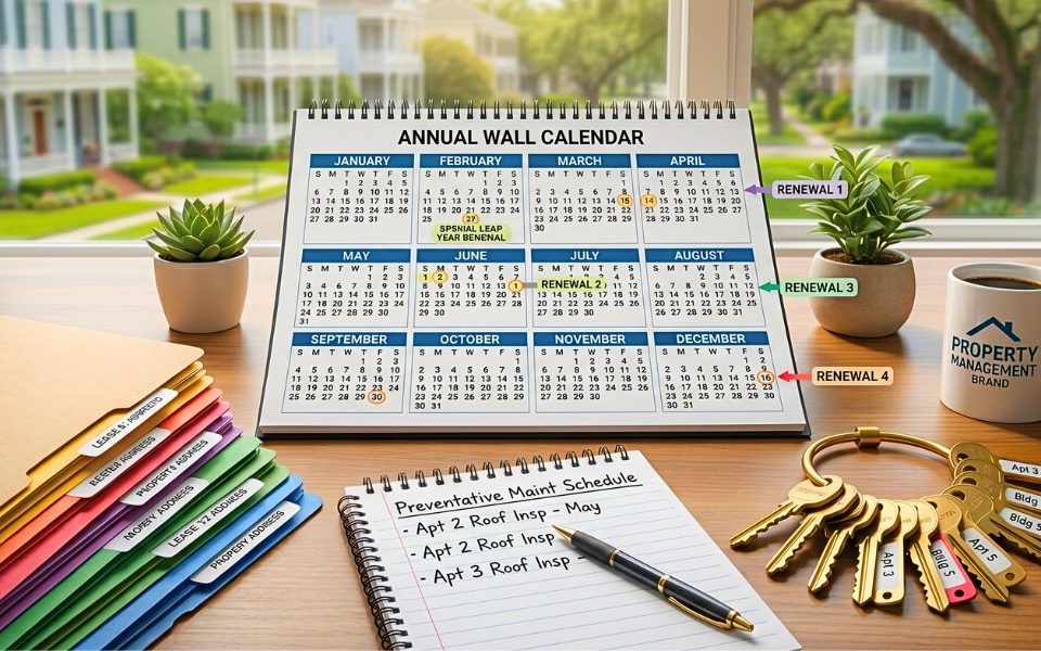 Calendar and lease documents organized for strategic rental property renewals.