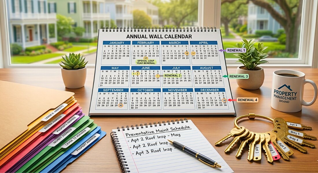 Calendar and lease documents organized for strategic rental property renewals.