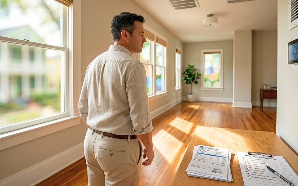 Property owner adjusting thermostat in a well maintained rental home