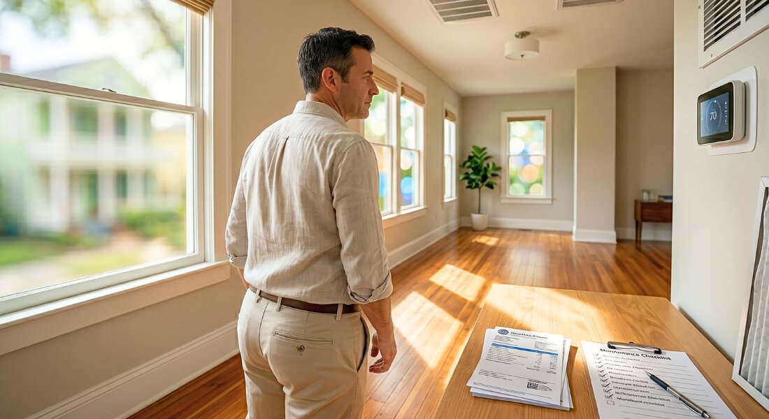 Property owner adjusting thermostat in a well maintained rental home