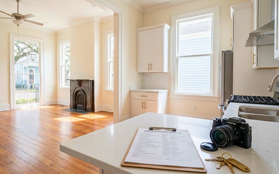 Move in inspection checklist inside a clean vacant rental home.