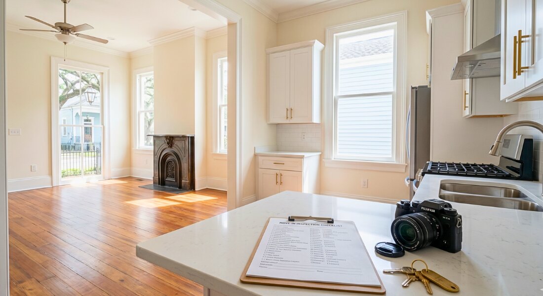 Move in inspection checklist inside a clean vacant rental home.