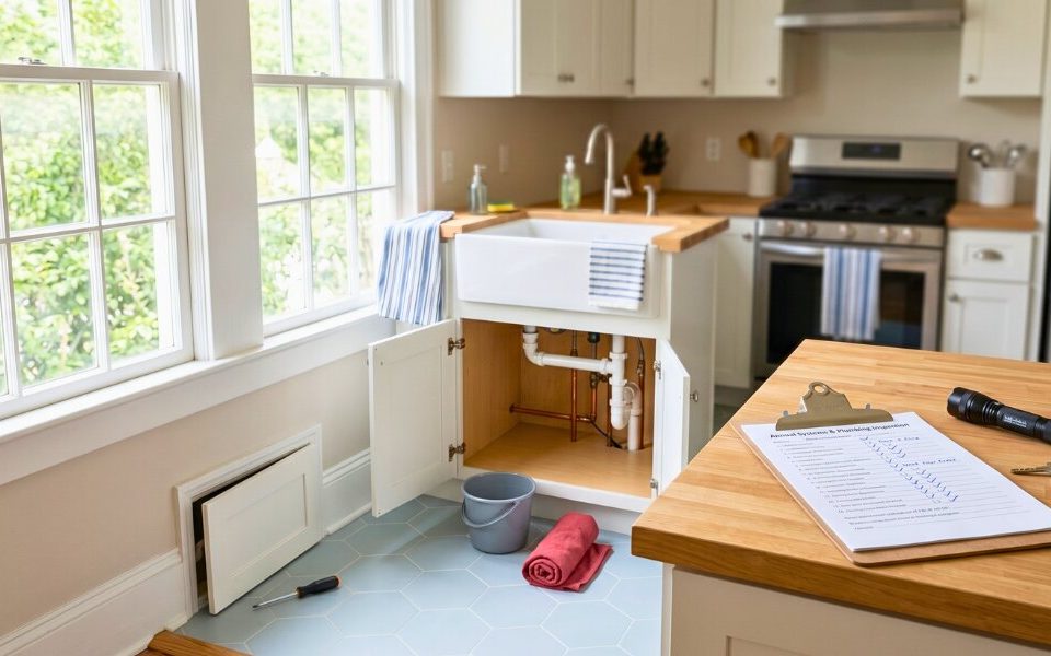 Bright rental kitchen with visible plumbing inspection setup and natural spring light emphasizing property maintenance readiness.