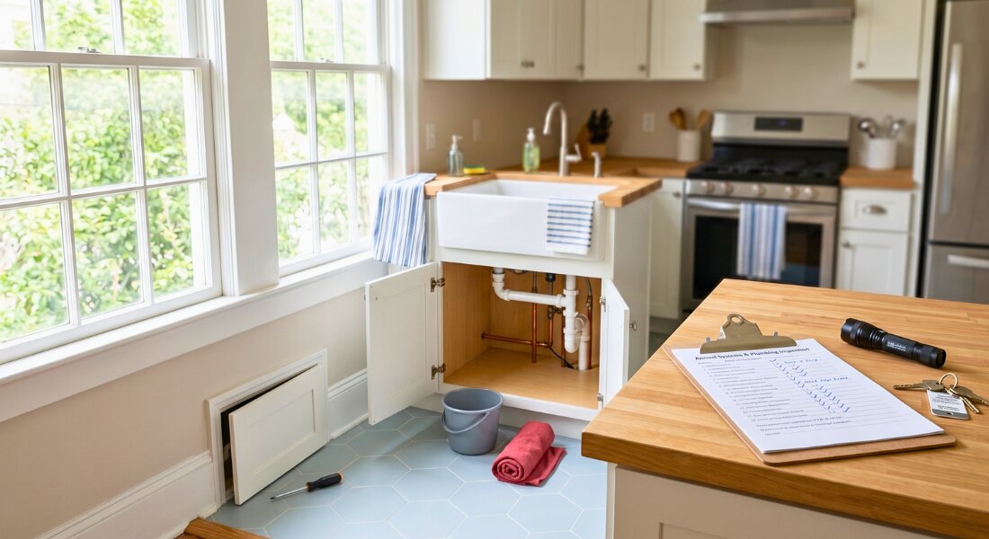 Bright rental kitchen with visible plumbing inspection setup and natural spring light emphasizing property maintenance readiness.