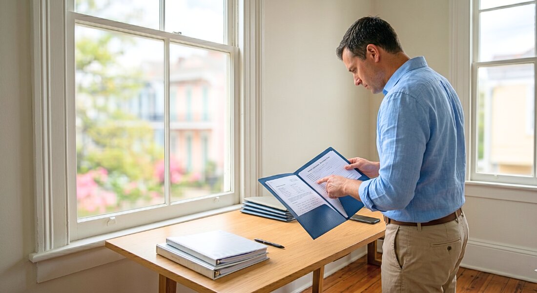 Property owner reviewing tenant applications during the spring rental season.