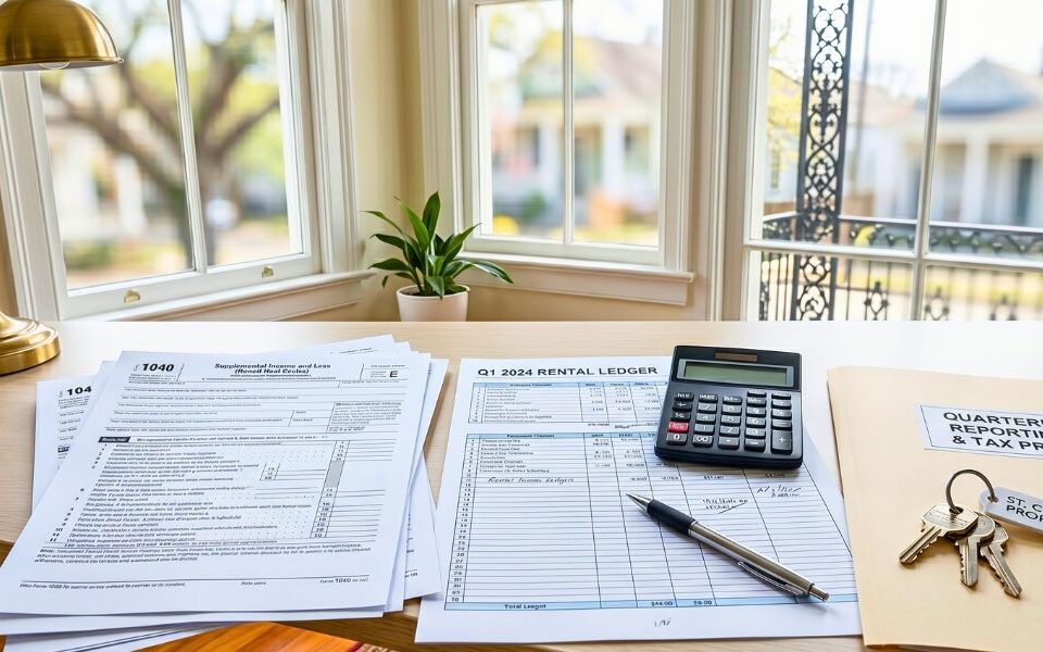 Neatly organized rental tax documents and keys on a sunlit desk symbolizing landlord financial planning and Q1 deductions.