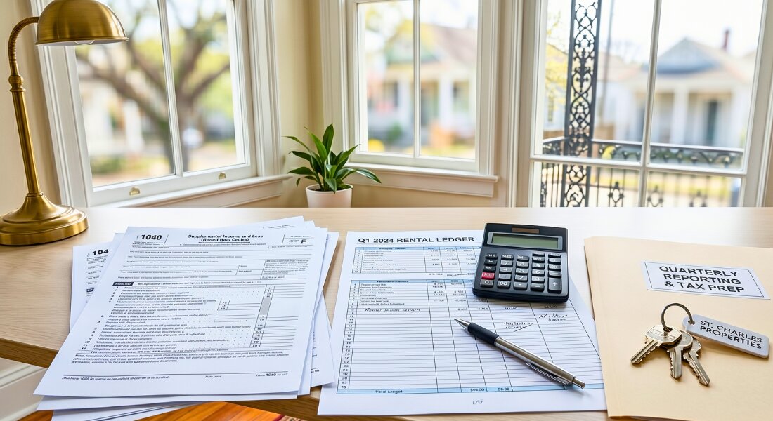 Neatly organized rental tax documents and keys on a sunlit desk symbolizing landlord financial planning and Q1 deductions.