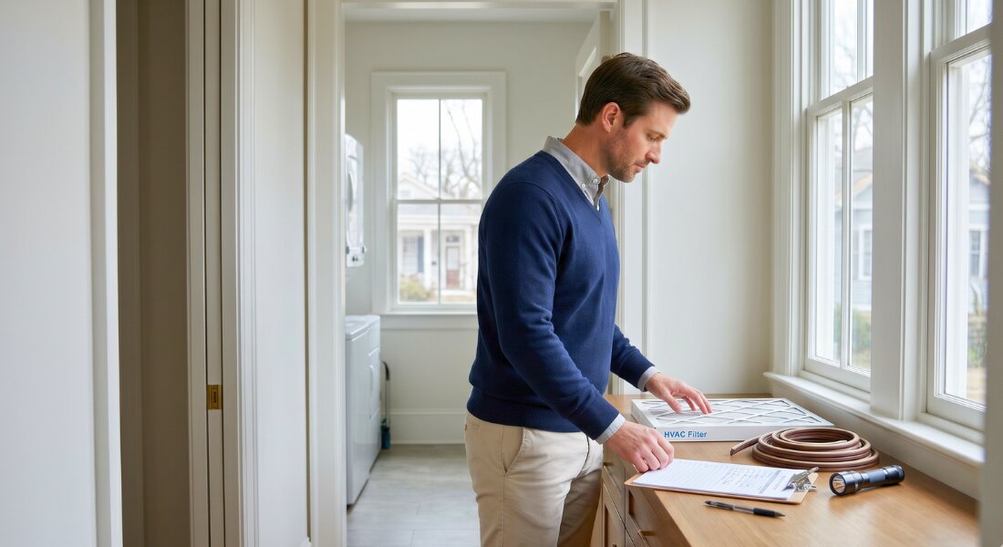 Property maintenance tools and HVAC checklist arranged in a New Orleans rental home during a bright winter morning inspection.