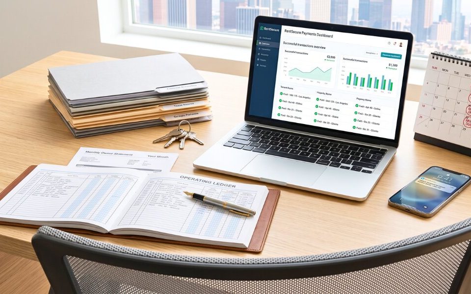 Remote rent collection workspace with organized rental payment records and laptop.
