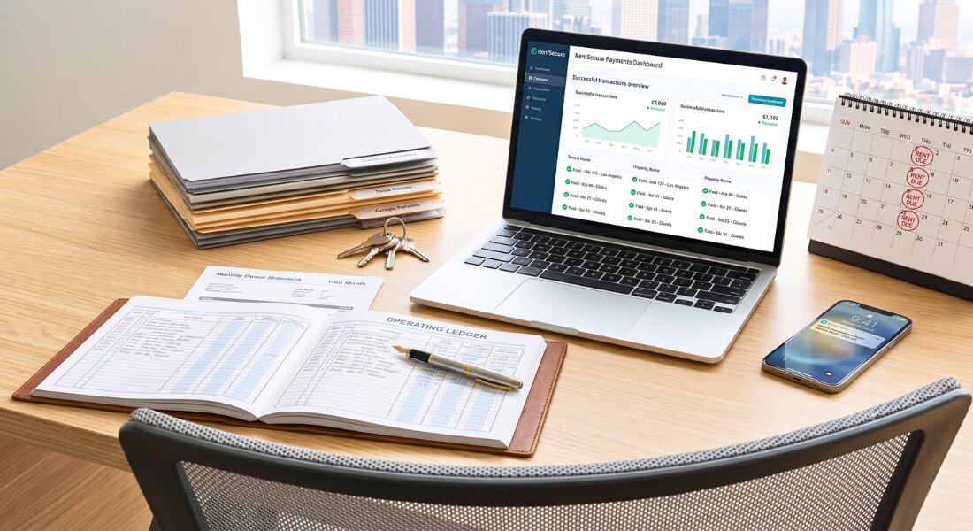 Remote rent collection workspace with organized rental payment records and laptop.