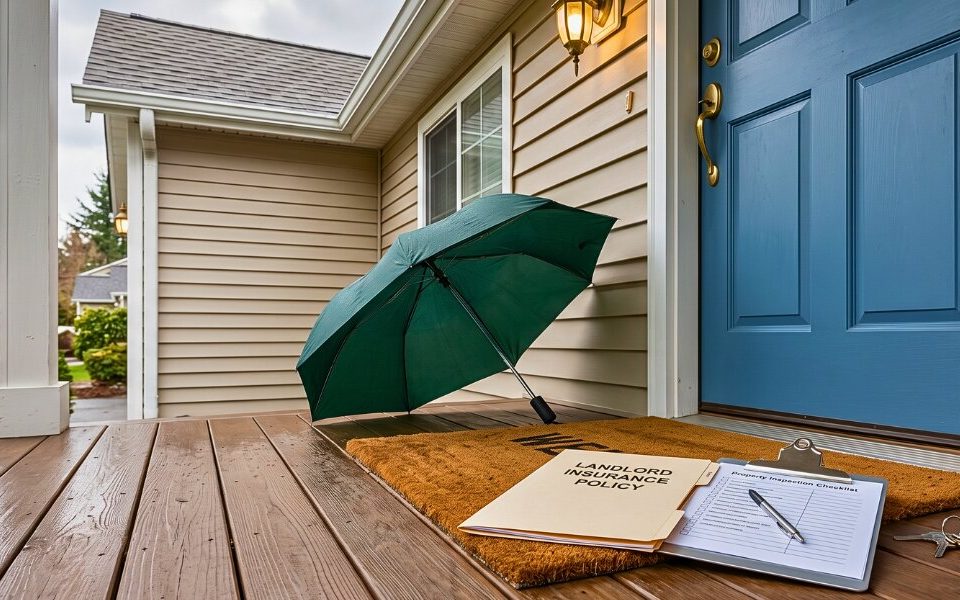 Landlord insurance documents at a protected rental home entrance.