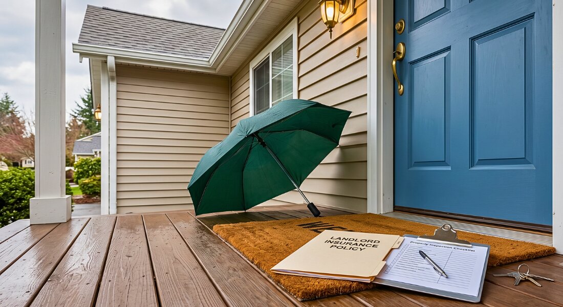 Landlord insurance documents at a protected rental home entrance.
