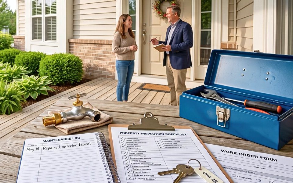 Landlord and tenant review a completed home repair together.