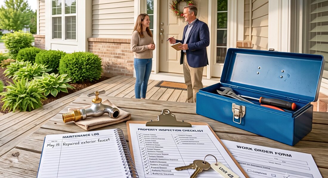 Landlord and tenant review a completed home repair together.