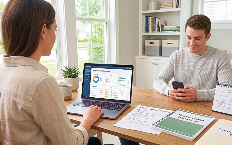Property manager updates a tenant using an organized communication system.