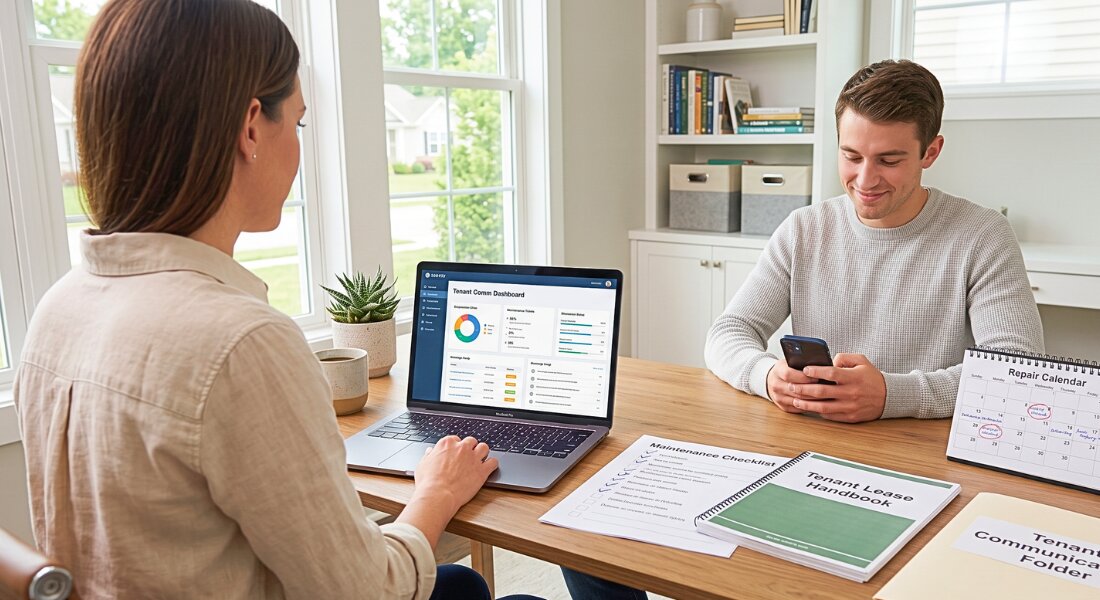 Property manager updates a tenant using an organized communication system.