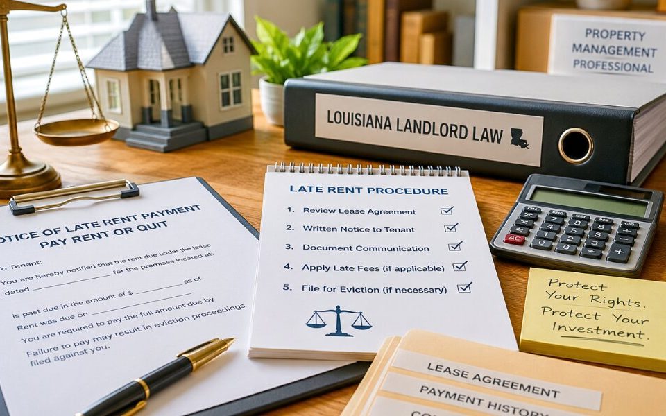 Late rent notice and lease documents organized for a lawful landlord process.