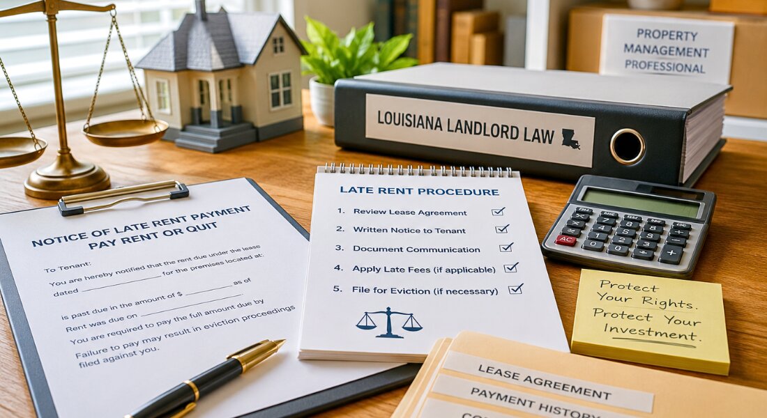 Late rent notice and lease documents organized for a lawful landlord process.
