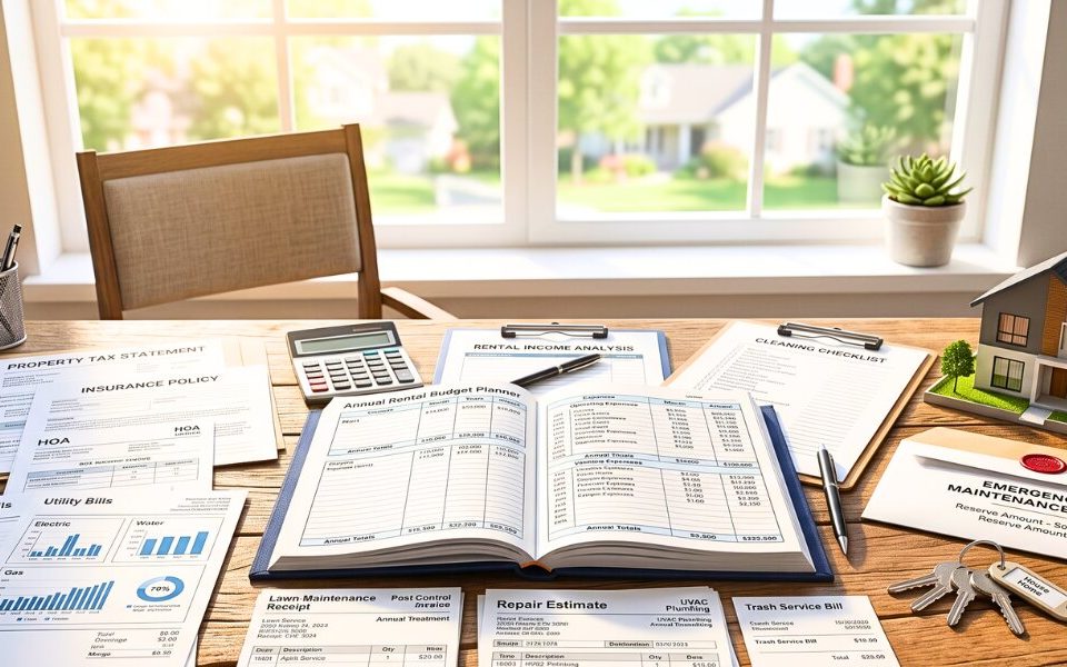Property management budget documents organized with rental expense records.