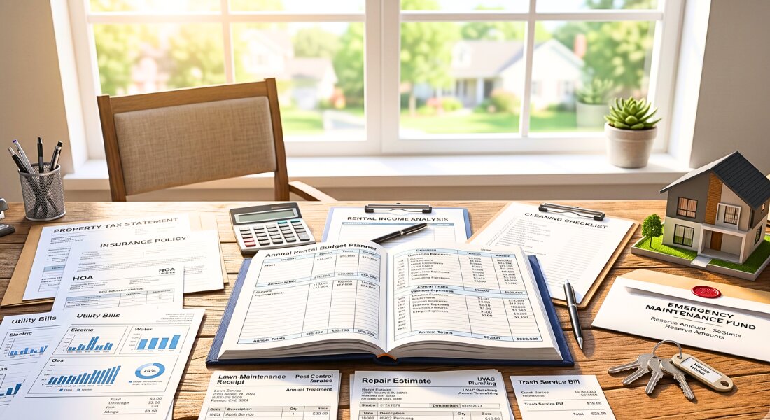 Property management budget documents organized with rental expense records.