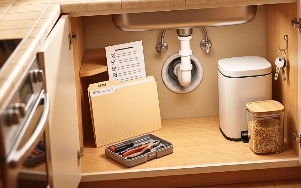 Rental kitchen shows pest control and lease responsibility