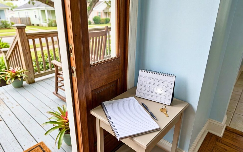 A rental home entry with a calendar ledger and key symbolizing early attention to late rent.