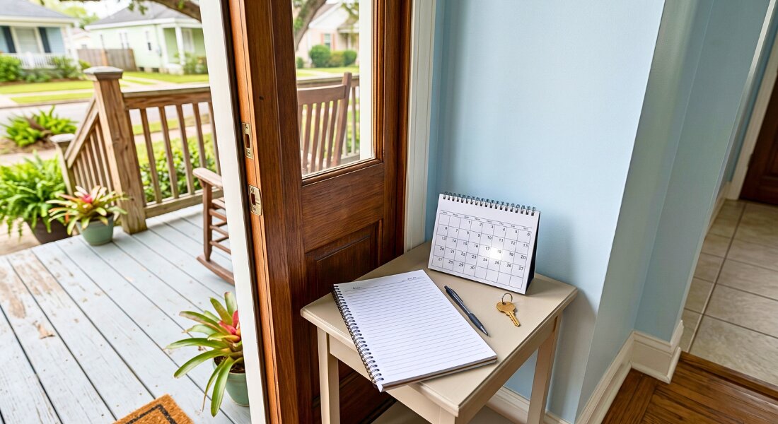 A rental home entry with a calendar ledger and key symbolizing early attention to late rent.