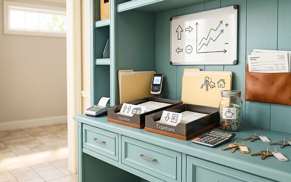 Rental accounting organizer shows income and expense tracking